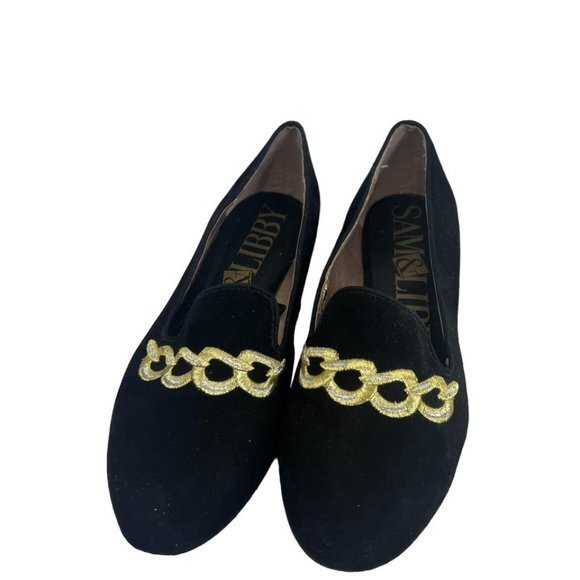Vintage 90s Sam And Libby Black Gold Velveteen Loafers 8 - Picture 1 of 6